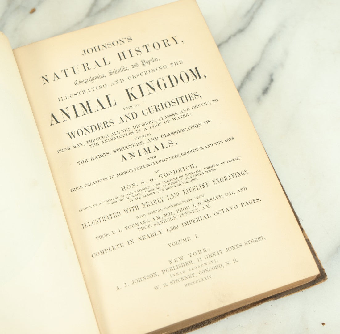 Lot 012 - "Johnson's Natural History Illustrating The Animal Kingdom With Its Wonders And Curiosities" Two Volume Antique Book Set By S.G. Goodrich, Illustrated With Over 1000 Illustrations, A.J. Johnson Publisher, 1874, New York