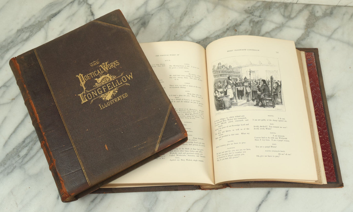 Lot 015 - "The Poetical Works Of Henry Wadsworth Longfellow" Antique Two Volume Book Set, Profusely Illustrated, Houghton, Osgood, And Company, Publishers, Boston, The Riverside Press, Cambridge, 1879, Note One Cover Detached