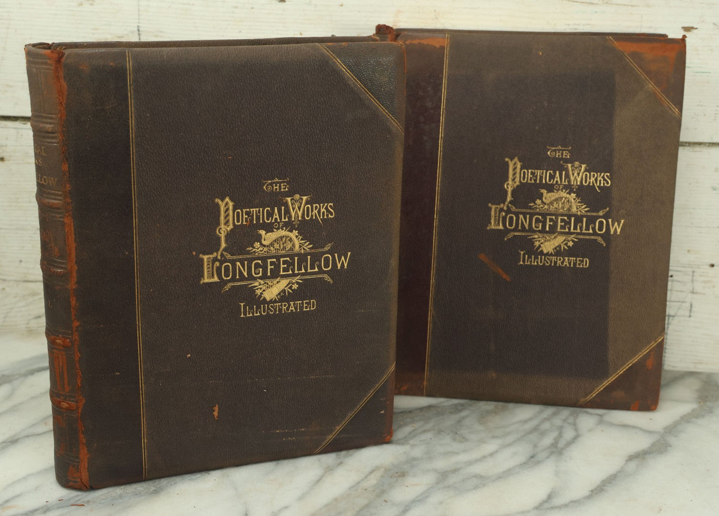 Lot 015 - "The Poetical Works Of Henry Wadsworth Longfellow" Antique Two Volume Book Set, Profusely Illustrated, Houghton, Osgood, And Company, Publishers, Boston, The Riverside Press, Cambridge, 1879, Note One Cover Detached