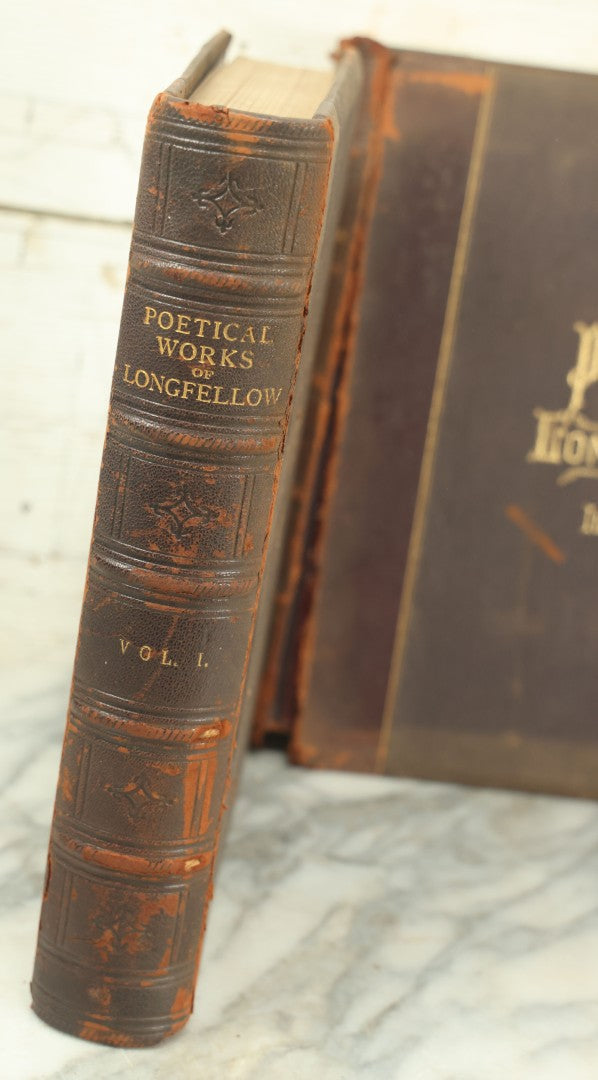 Lot 015 - "The Poetical Works Of Henry Wadsworth Longfellow" Antique Two Volume Book Set, Profusely Illustrated, Houghton, Osgood, And Company, Publishers, Boston, The Riverside Press, Cambridge, 1879, Note One Cover Detached