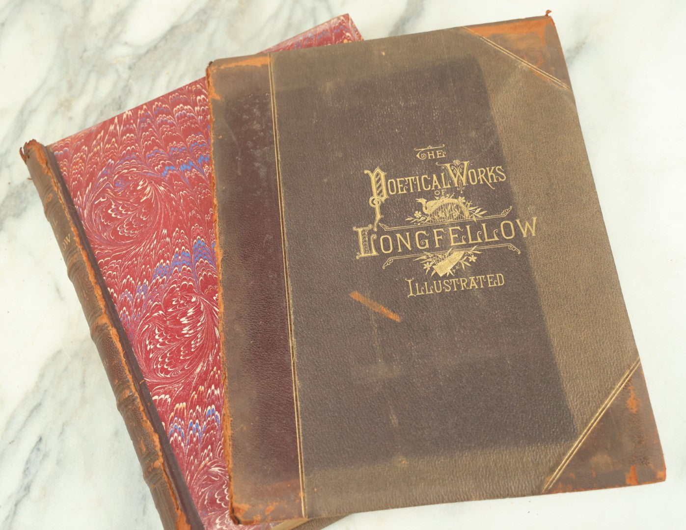 Lot 015 - "The Poetical Works Of Henry Wadsworth Longfellow" Antique Two Volume Book Set, Profusely Illustrated, Houghton, Osgood, And Company, Publishers, Boston, The Riverside Press, Cambridge, 1879, Note One Cover Detached