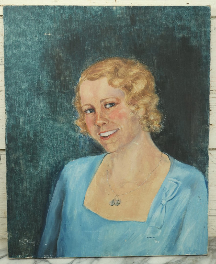 Lot 016 - Vintage Oil On Canvas Painting Of A Smiling Blonde Woman In A Blue Dress With A Necklace, Green Background, Artist Signed, A.V. Strong, 17" x 21"