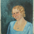 Lot 016 - Vintage Oil On Canvas Painting Of A Smiling Blonde Woman In A Blue Dress With A Necklace, Green Background, Artist Signed, A.V. Strong, 17" x 21"
