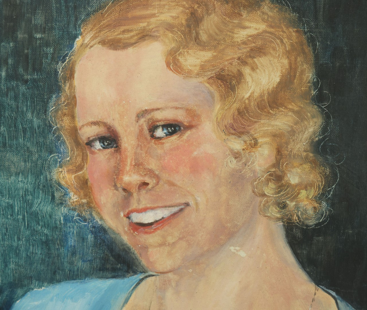 Lot 016 - Vintage Oil On Canvas Painting Of A Smiling Blonde Woman In A Blue Dress With A Necklace, Green Background, Artist Signed, A.V. Strong, 17" x 21"