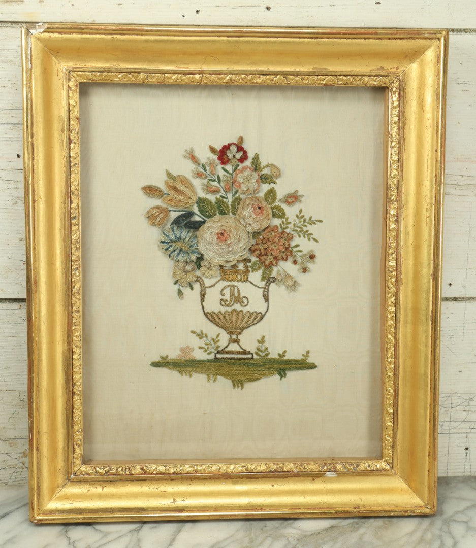 Lot 017 - Antique Victorian Stumpwork Raised Embroidery Shadow Box With An Urn, Bouquet Of Flowers, With "A" Monogram, On Grass, 17" x 20"