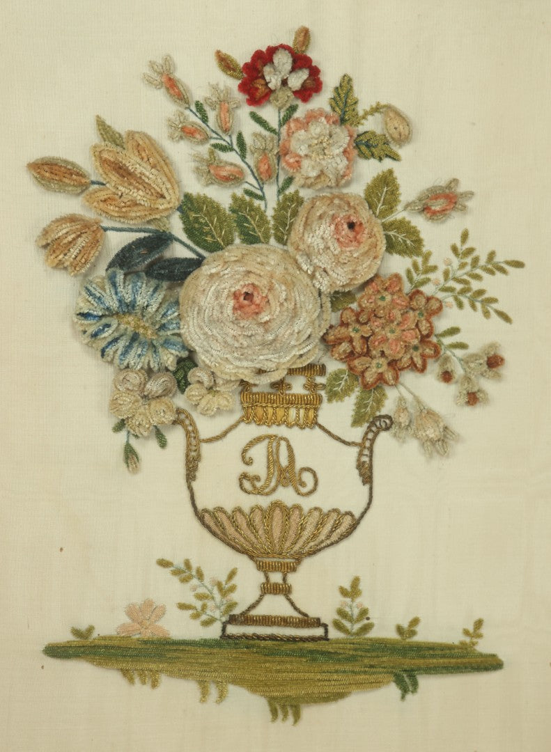 Lot 017 - Antique Victorian Stumpwork Raised Embroidery Shadow Box With An Urn, Bouquet Of Flowers, With "A" Monogram, On Grass, 17" x 20"