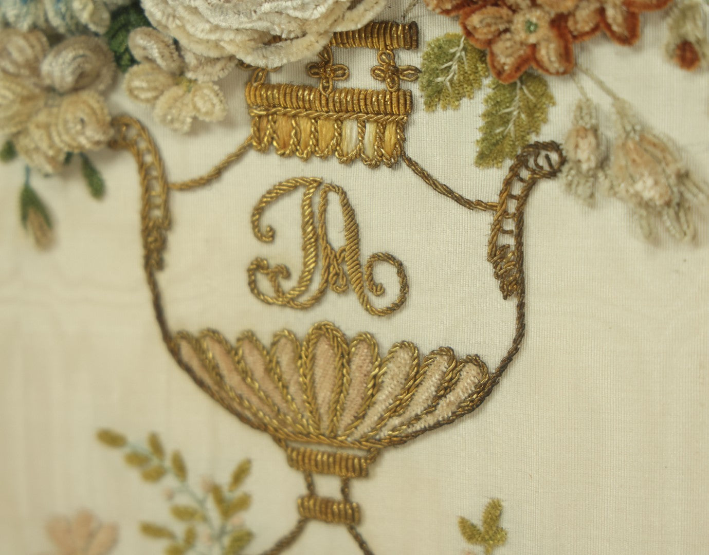 Lot 017 - Antique Victorian Stumpwork Raised Embroidery Shadow Box With An Urn, Bouquet Of Flowers, With "A" Monogram, On Grass, 17" x 20"