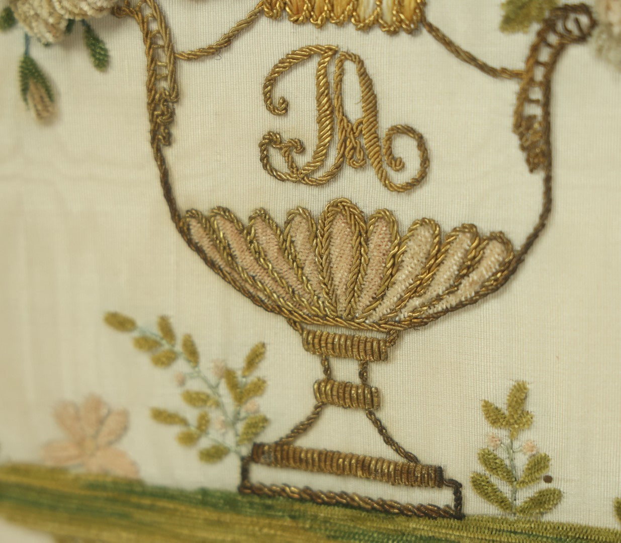 Lot 017 - Antique Victorian Stumpwork Raised Embroidery Shadow Box With An Urn, Bouquet Of Flowers, With "A" Monogram, On Grass, 17" x 20"