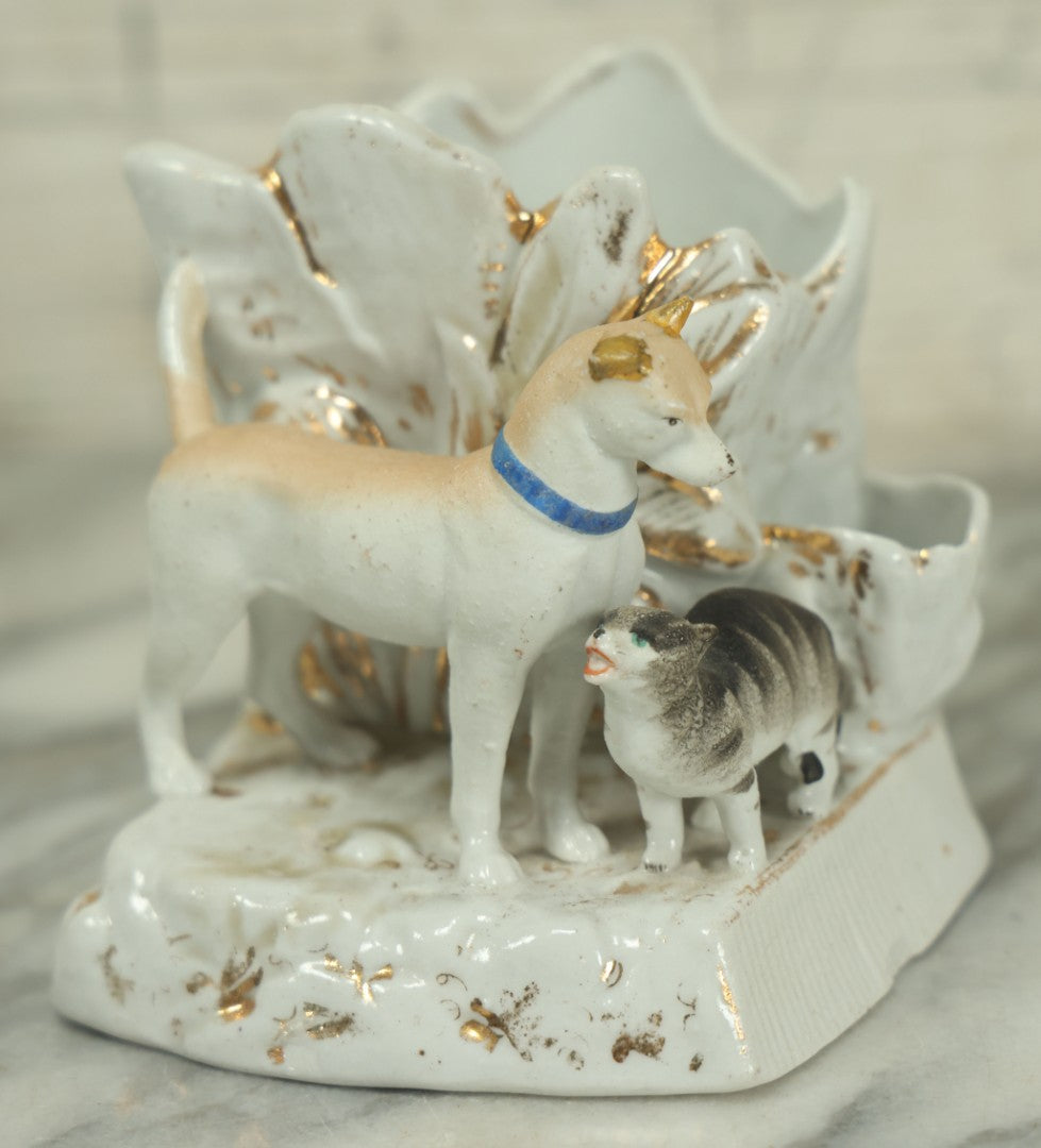 Lot 021 - Antique Porcelain Match Safe And Match Strike With Dog And Cat, Painted, Gold Accents, As Found, Various Chips