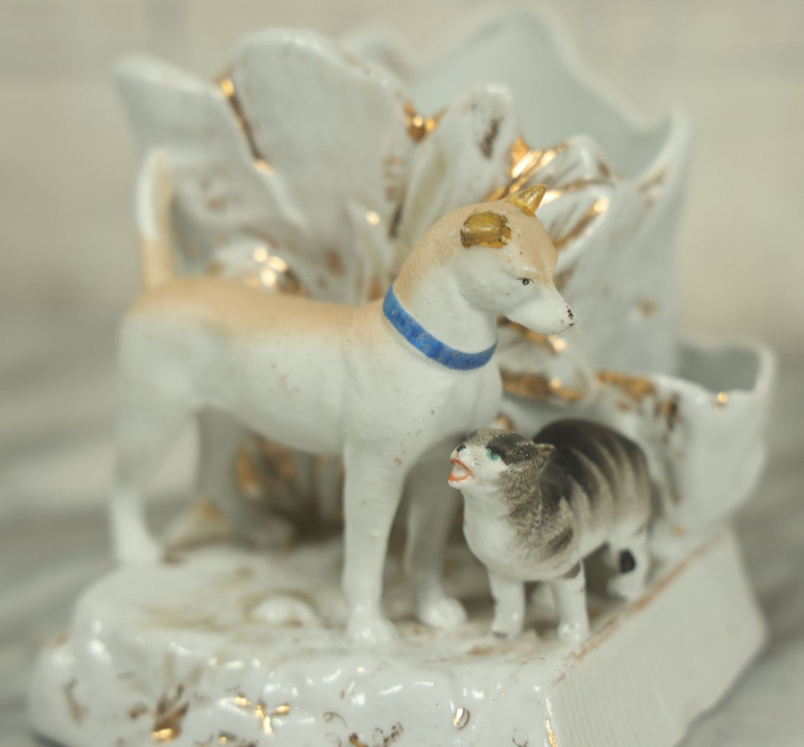 Lot 021 - Antique Porcelain Match Safe And Match Strike With Dog And Cat, Painted, Gold Accents, As Found, Various Chips