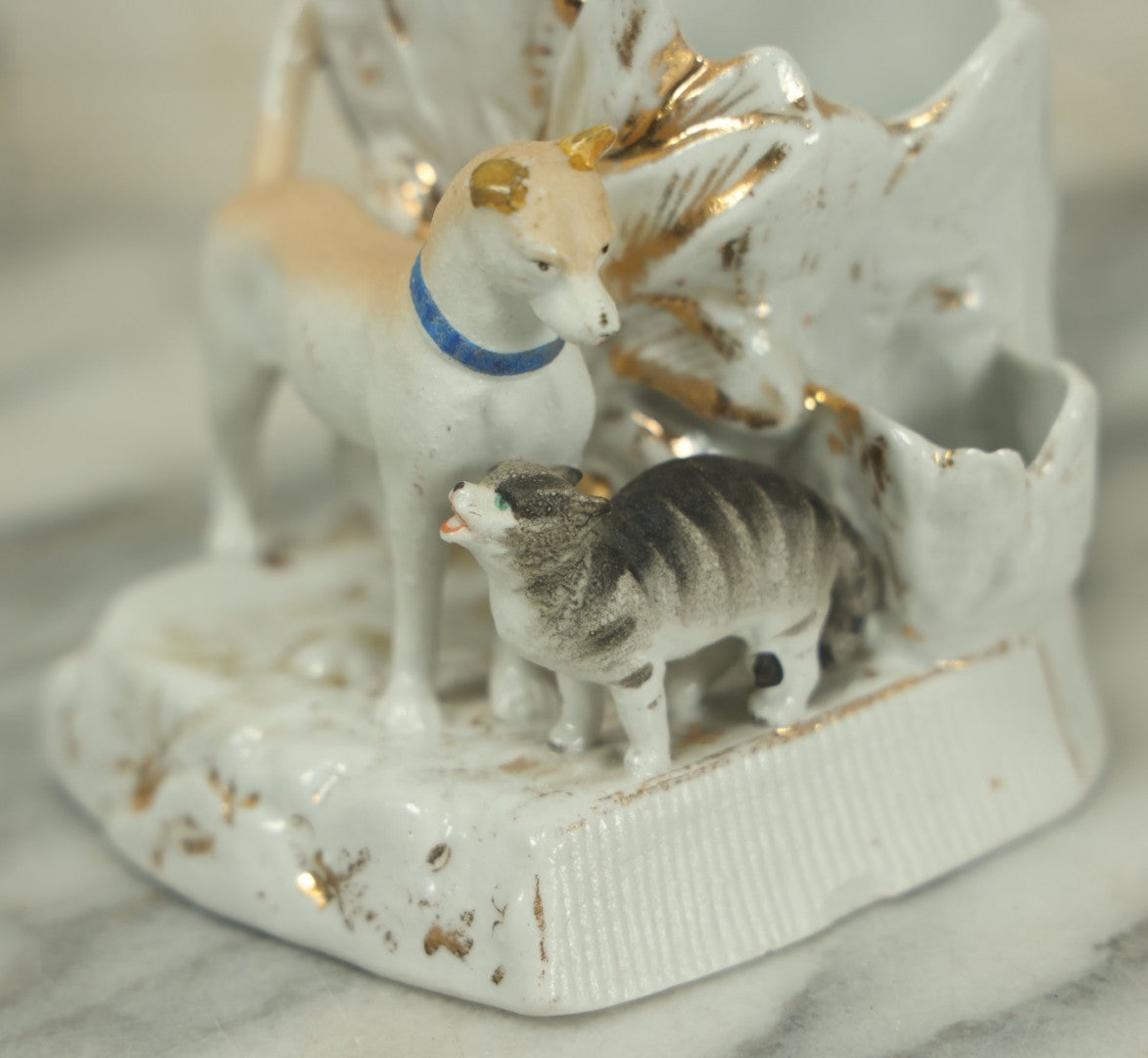 Lot 021 - Antique Porcelain Match Safe And Match Strike With Dog And Cat, Painted, Gold Accents, As Found, Various Chips