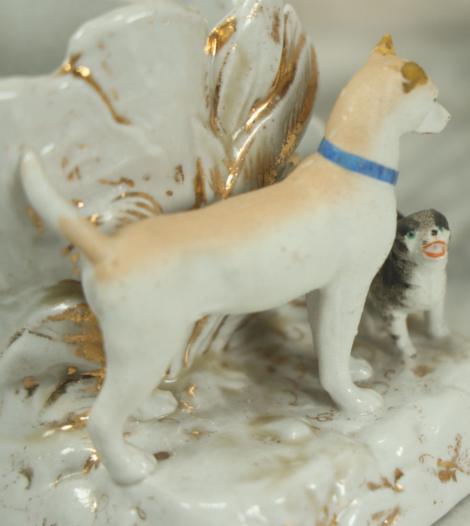 Lot 021 - Antique Porcelain Match Safe And Match Strike With Dog And Cat, Painted, Gold Accents, As Found, Various Chips