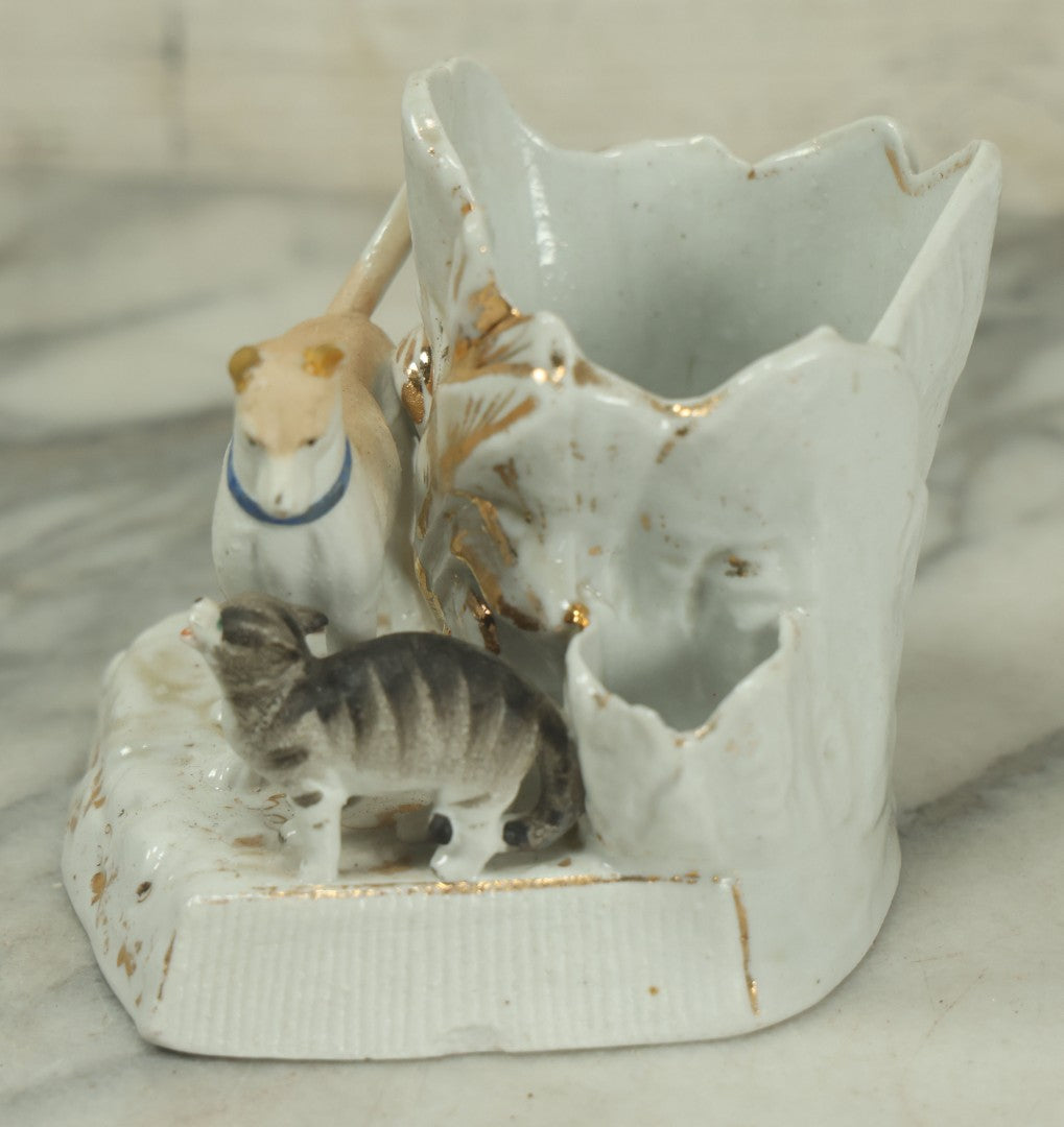 Lot 021 - Antique Porcelain Match Safe And Match Strike With Dog And Cat, Painted, Gold Accents, As Found, Various Chips