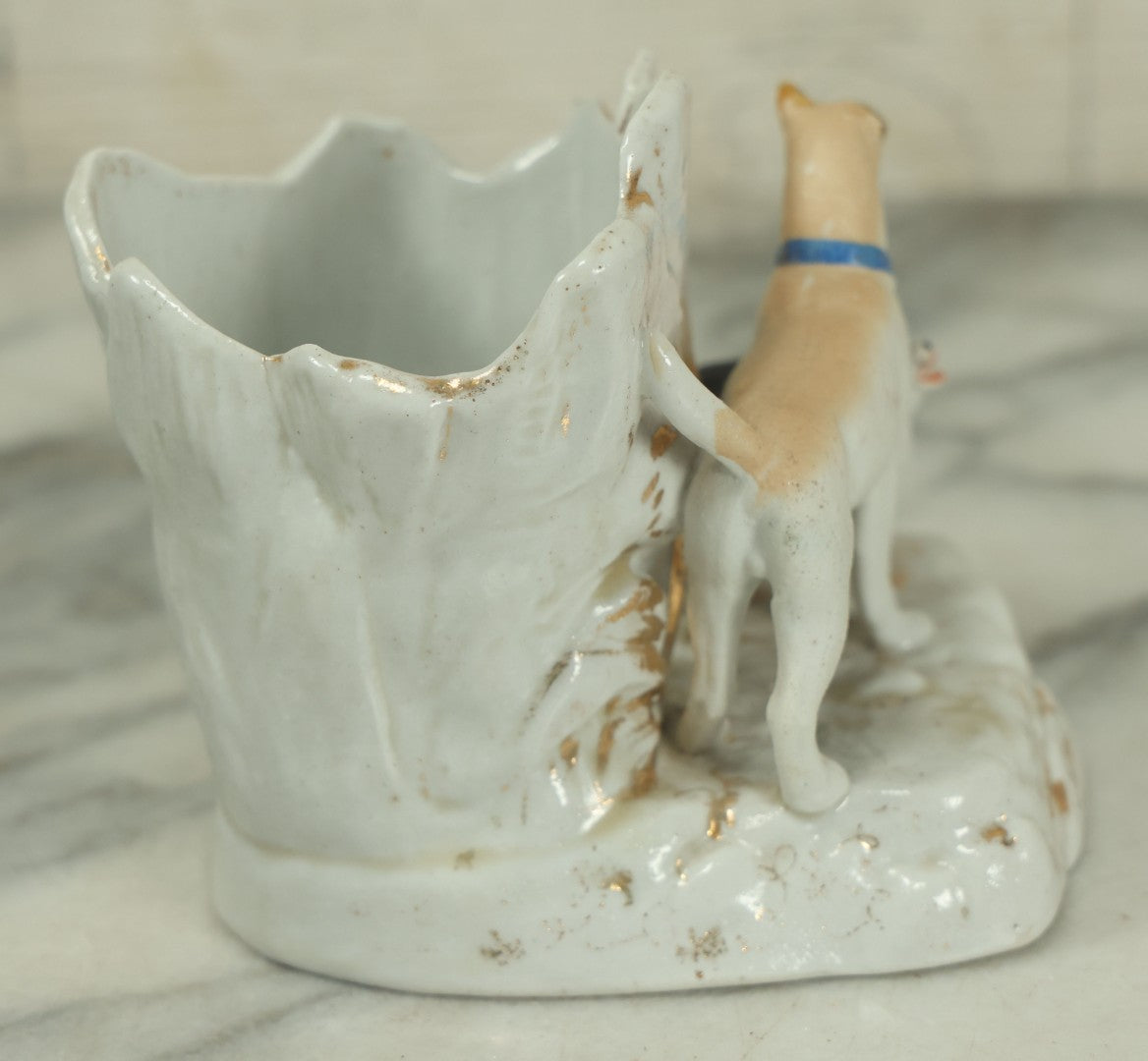 Lot 021 - Antique Porcelain Match Safe And Match Strike With Dog And Cat, Painted, Gold Accents, As Found, Various Chips