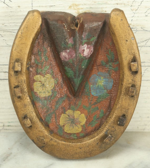 Lot 024 - Vintage Hand Painted Hand Carved Folk Art Wooden Hoof With Gold Painted Horse Shoe, Floral Painting