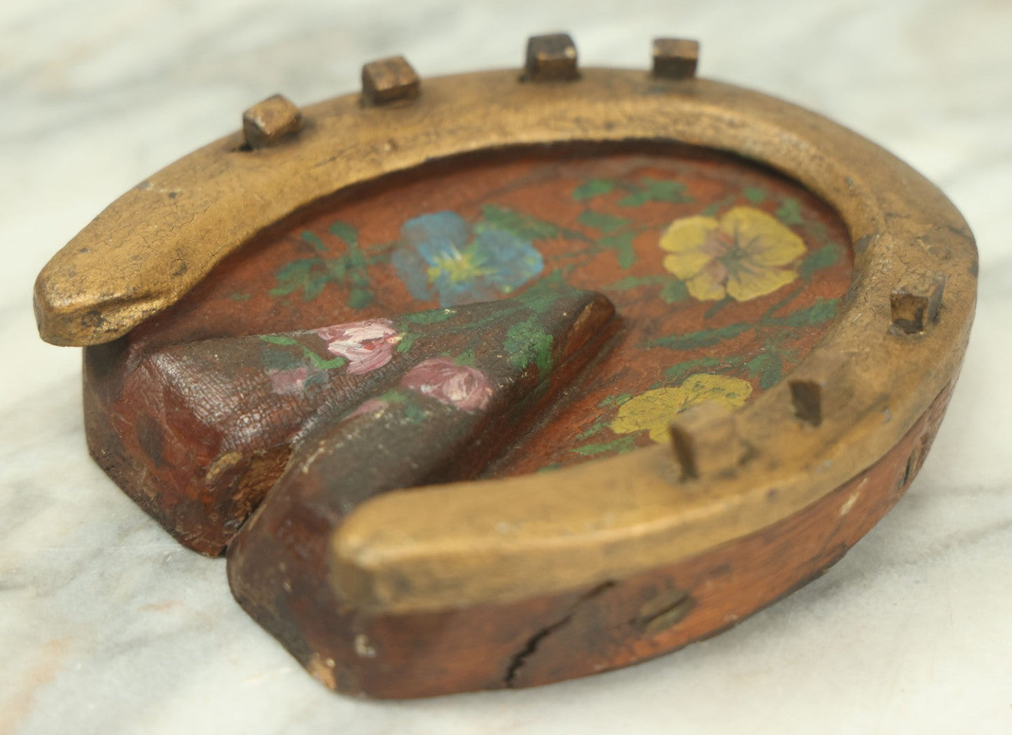 Lot 024 - Vintage Hand Painted Hand Carved Folk Art Wooden Hoof With Gold Painted Horse Shoe, Floral Painting