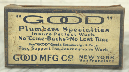 Lot 026 - Vintage Good Manufacturing Company "Good" Brand Plumbers Specialities Bronze Ball Cockl Seat Cap Assortment Divided Tin, New York & San Francisco