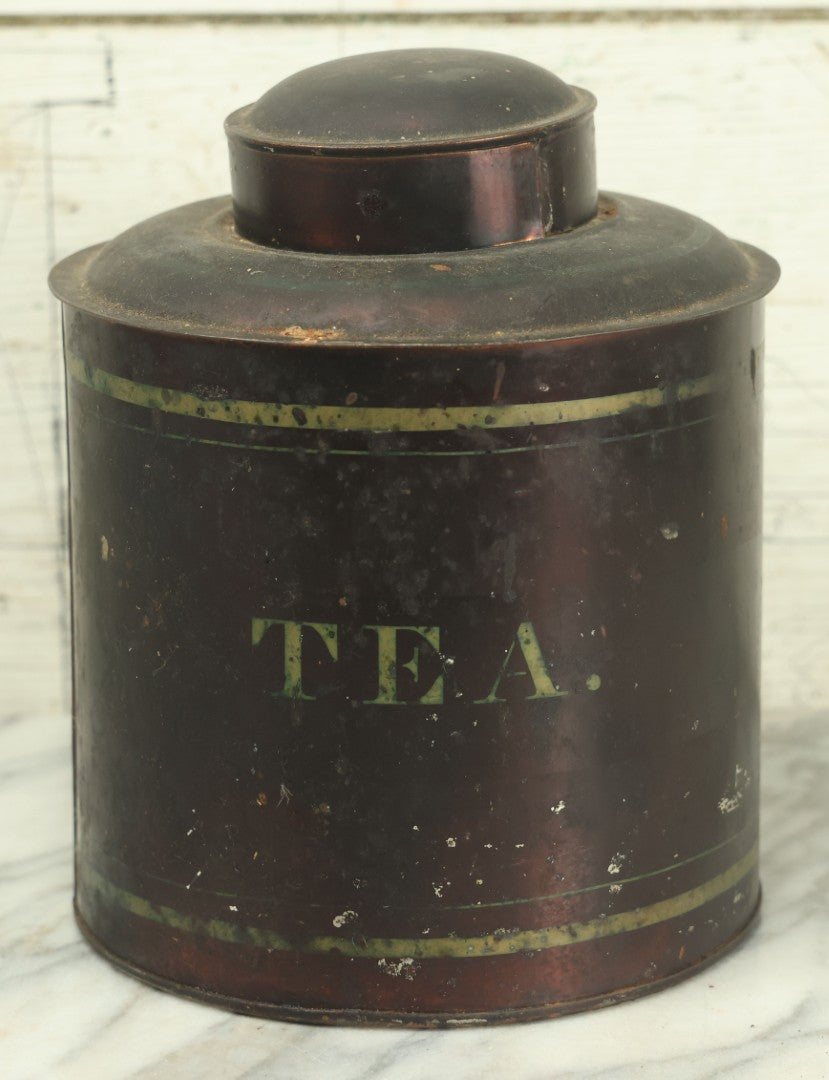 Lot 028 - Antique Toleware Tea Tin With Painted Stenciled Letter, Lid