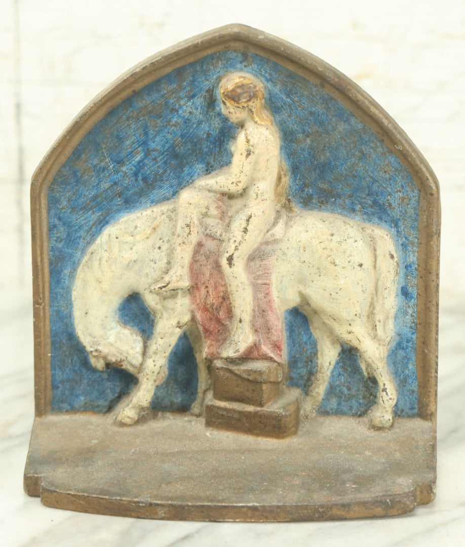 Lot 030 - Antique Cast Iron Painted Lady Godiva Single Bookend, Nude Woman Riding Horse, 11th Century English Folklore Hero