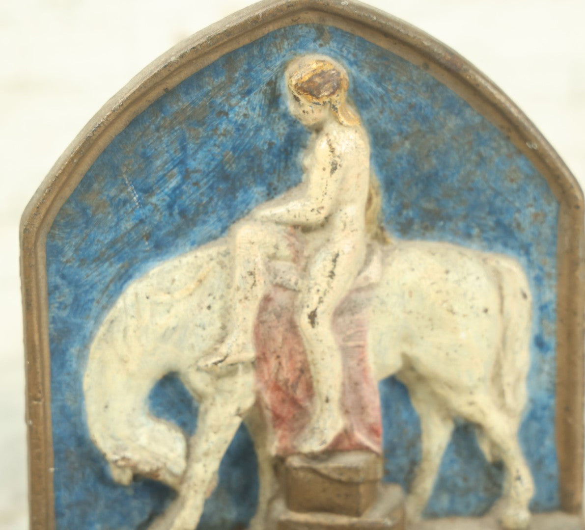 Lot 030 - Antique Cast Iron Painted Lady Godiva Single Bookend, Nude Woman Riding Horse, 11th Century English Folklore Hero