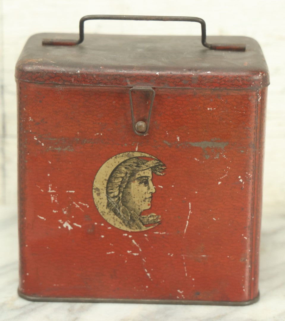 Lot 031 - Vintage Central Union Cut Plug Tobacco Vertical Lunch Box Tin With Handle, Woman In Moon Logo, Various Wear And Tear