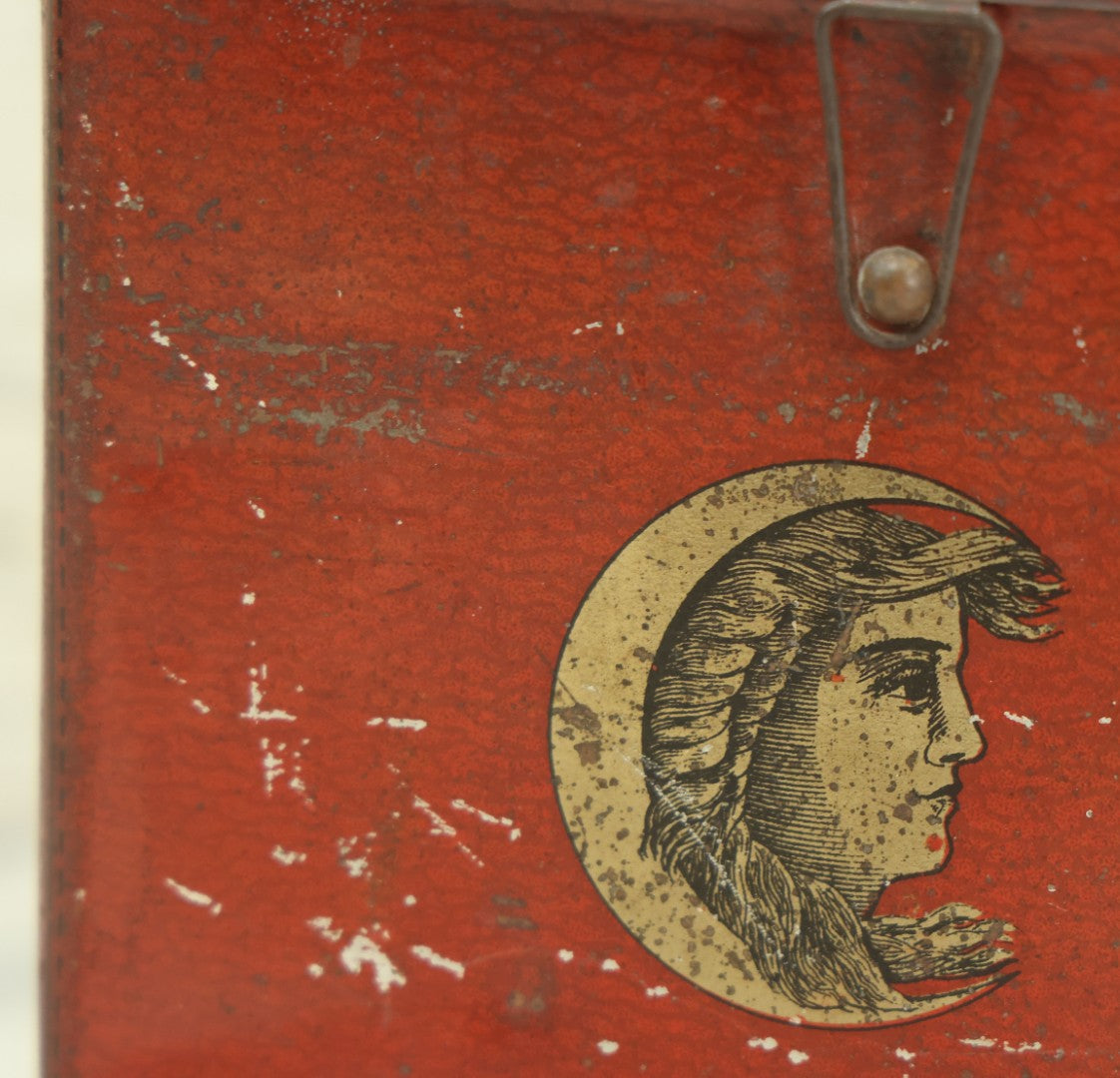 Lot 031 - Vintage Central Union Cut Plug Tobacco Vertical Lunch Box Tin With Handle, Woman In Moon Logo, Various Wear And Tear