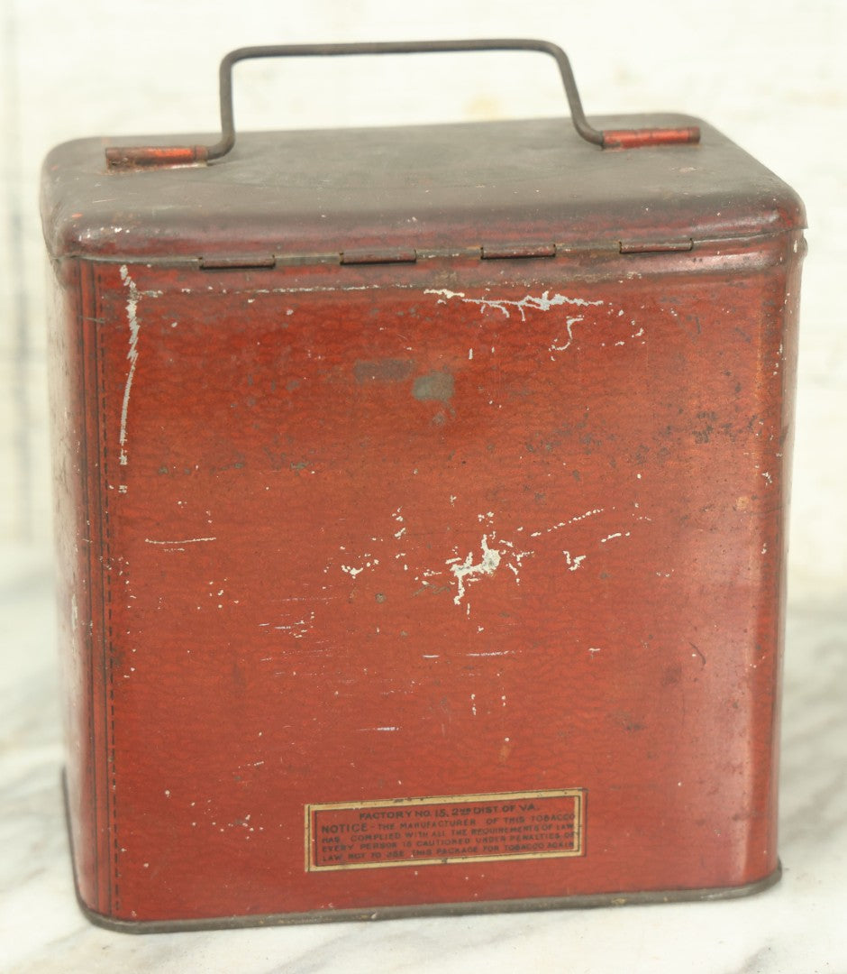 Lot 031 - Vintage Central Union Cut Plug Tobacco Vertical Lunch Box Tin With Handle, Woman In Moon Logo, Various Wear And Tear