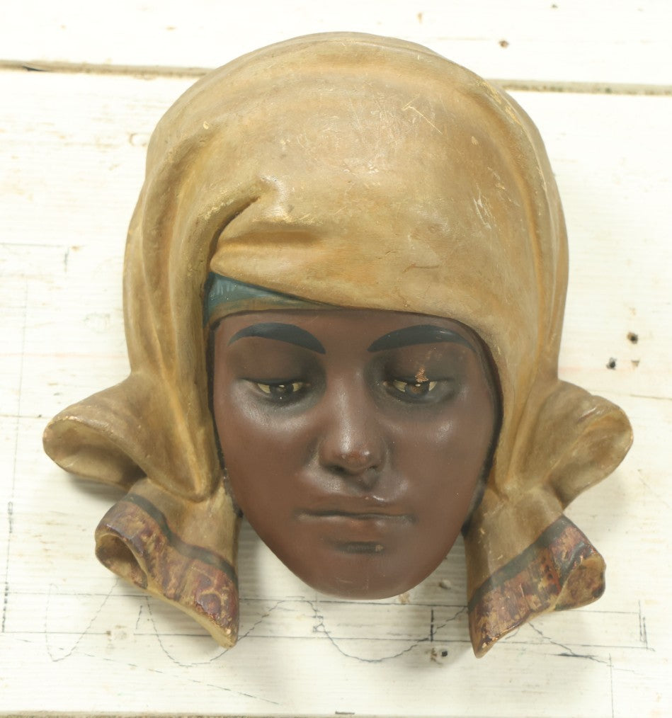 Lot 032 - Antique Woman Wearing Yellow Scarf Bust Wall Hanging Chalkware Sculpture