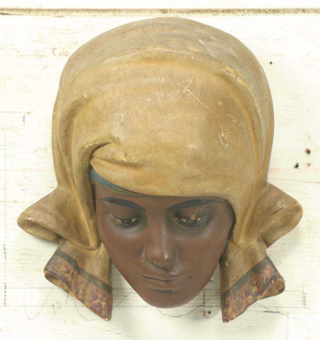 Lot 032 - Antique Woman Wearing Yellow Scarf Bust Wall Hanging Chalkware Sculpture