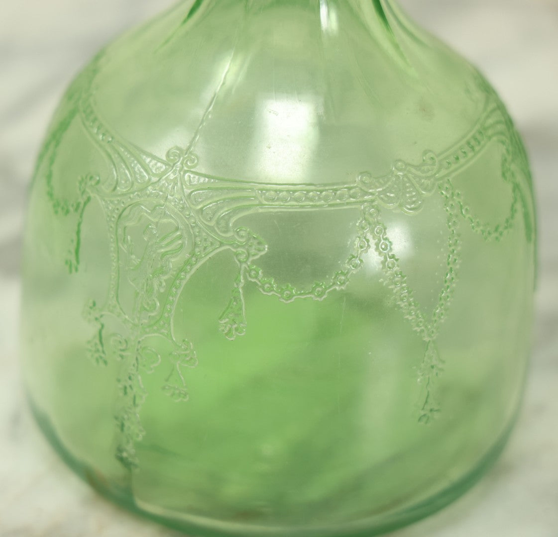 Lot 033 - Antique Uranium Glass Vaseline Depression Glass Decanter, Glows Under Black Light, 8" Tall, No Stopper