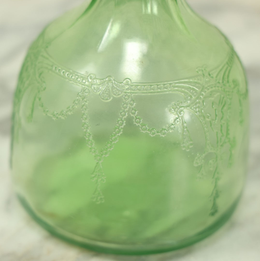 Lot 033 - Antique Uranium Glass Vaseline Depression Glass Decanter, Glows Under Black Light, 8" Tall, No Stopper