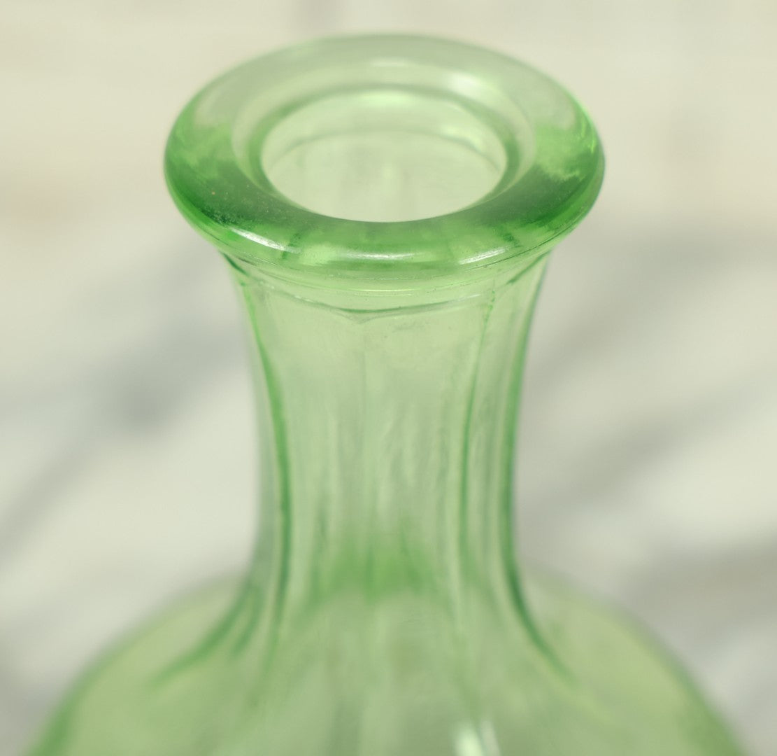 Lot 033 - Antique Uranium Glass Vaseline Depression Glass Decanter, Glows Under Black Light, 8" Tall, No Stopper