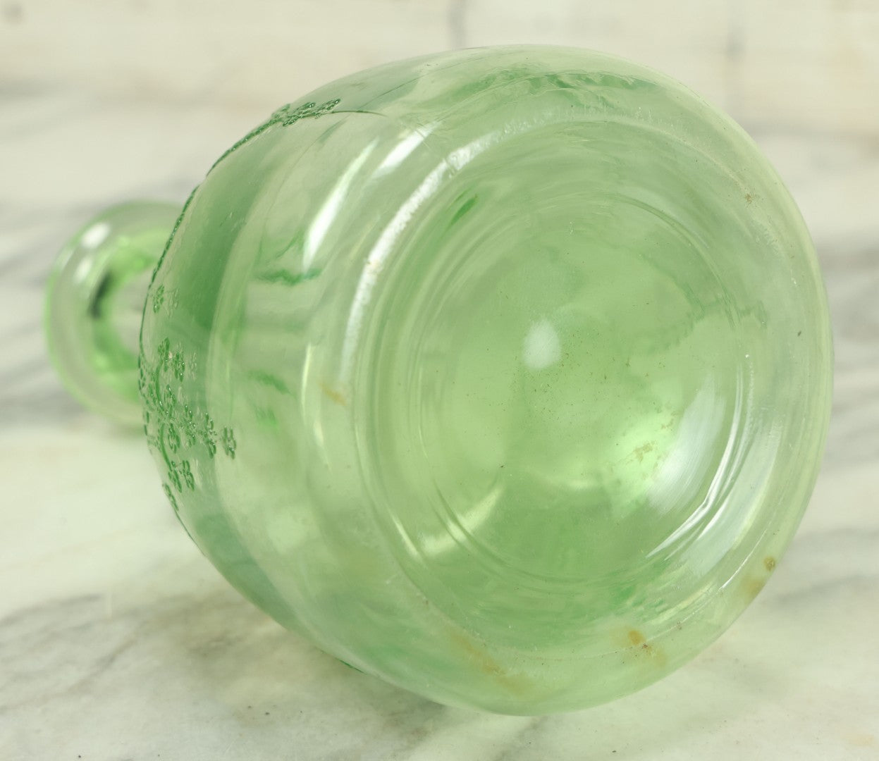 Lot 033 - Antique Uranium Glass Vaseline Depression Glass Decanter, Glows Under Black Light, 8" Tall, No Stopper