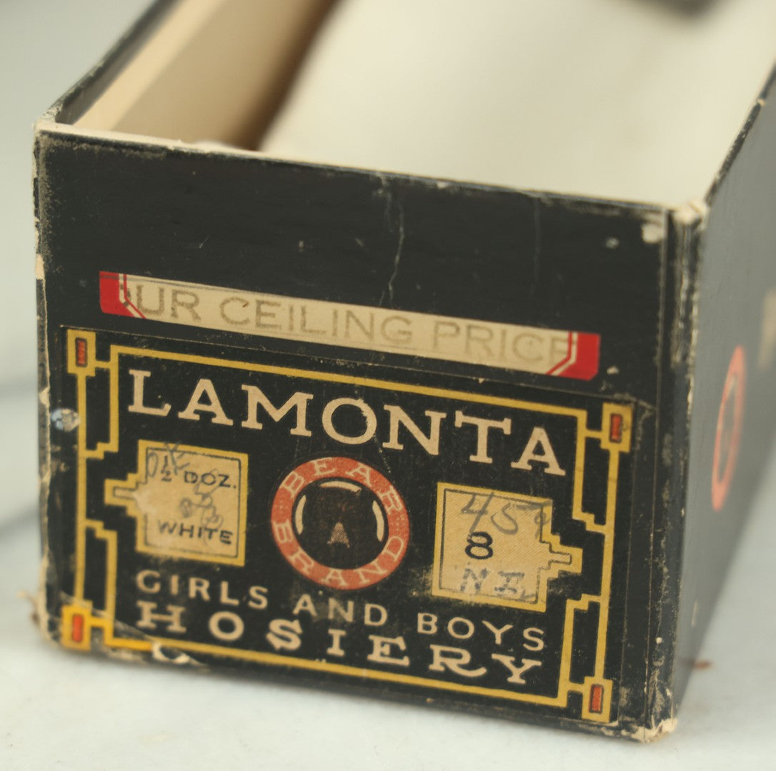 Lot 034 - Grouping Of Hosiery And Advertising Boxes Including Bear Brand Boxes With Contents, Other Brands, Stocks And Stockings, As Found, Including Collar Box, One Lot One Money