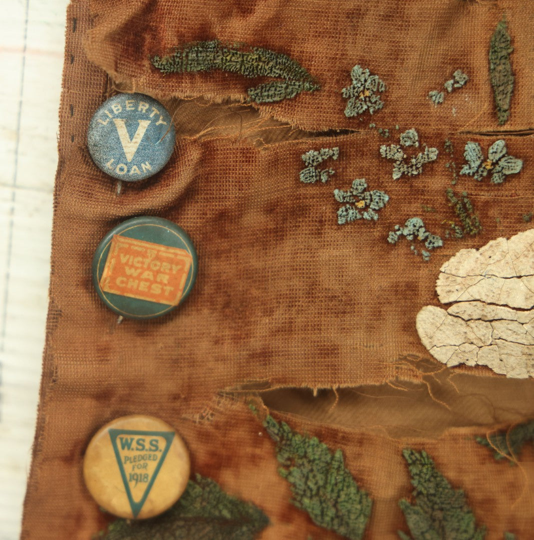 Lot 035 - Antique Fabric Wall Hanging Embroidery With Many Antique World War One Era Pinback Buttons, Liberty Loan, Victory War Chest, Etc., Note Fabric Badly Worn, Torn, As Found