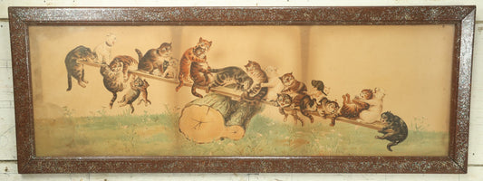 Lot 036 - Antique Yard Long Cat Kitten Art Print With 23 Cats Playing On A See-Saw, By Louis Wain, Circa 1910, In Long Frame With Applied Glitter, Approximately 36-1/2" x 13-1/2"