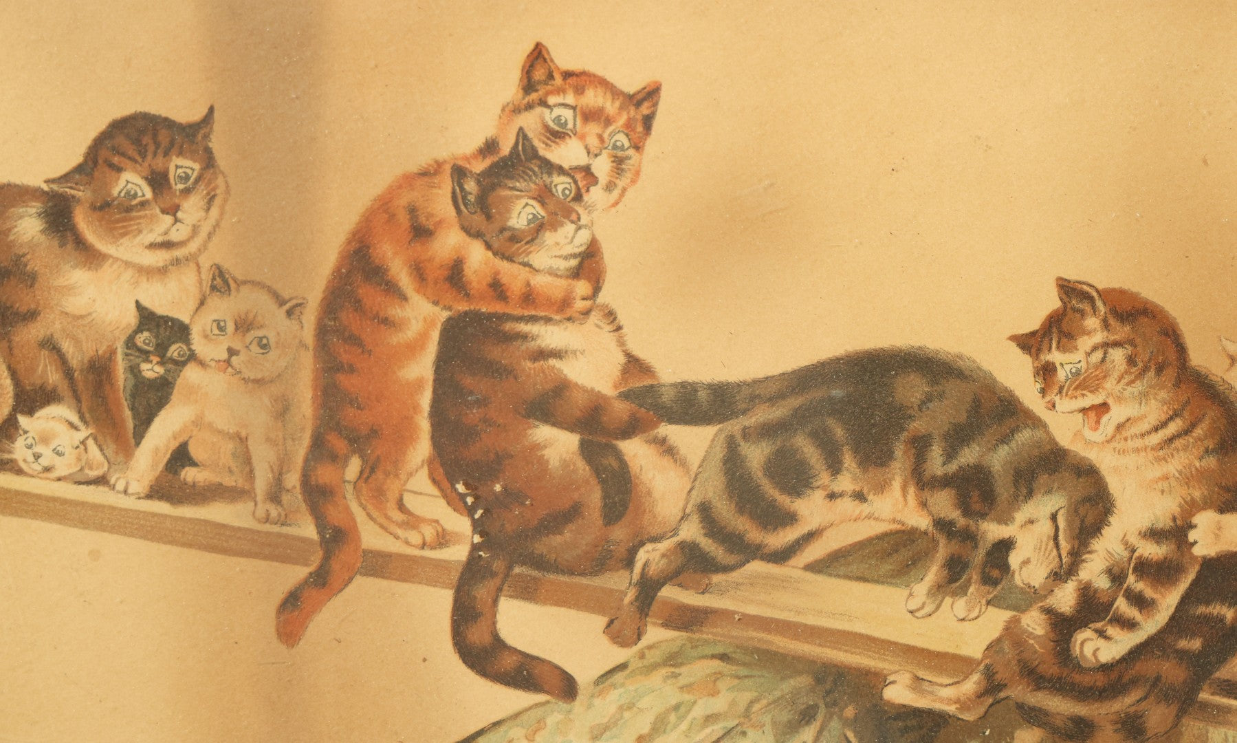 Lot 036 - Antique Yard Long Cat Kitten Art Print With 23 Cats Playing On A See-Saw, By Louis Wain, Circa 1910, In Long Frame With Applied Glitter, Approximately 36-1/2" x 13-1/2"