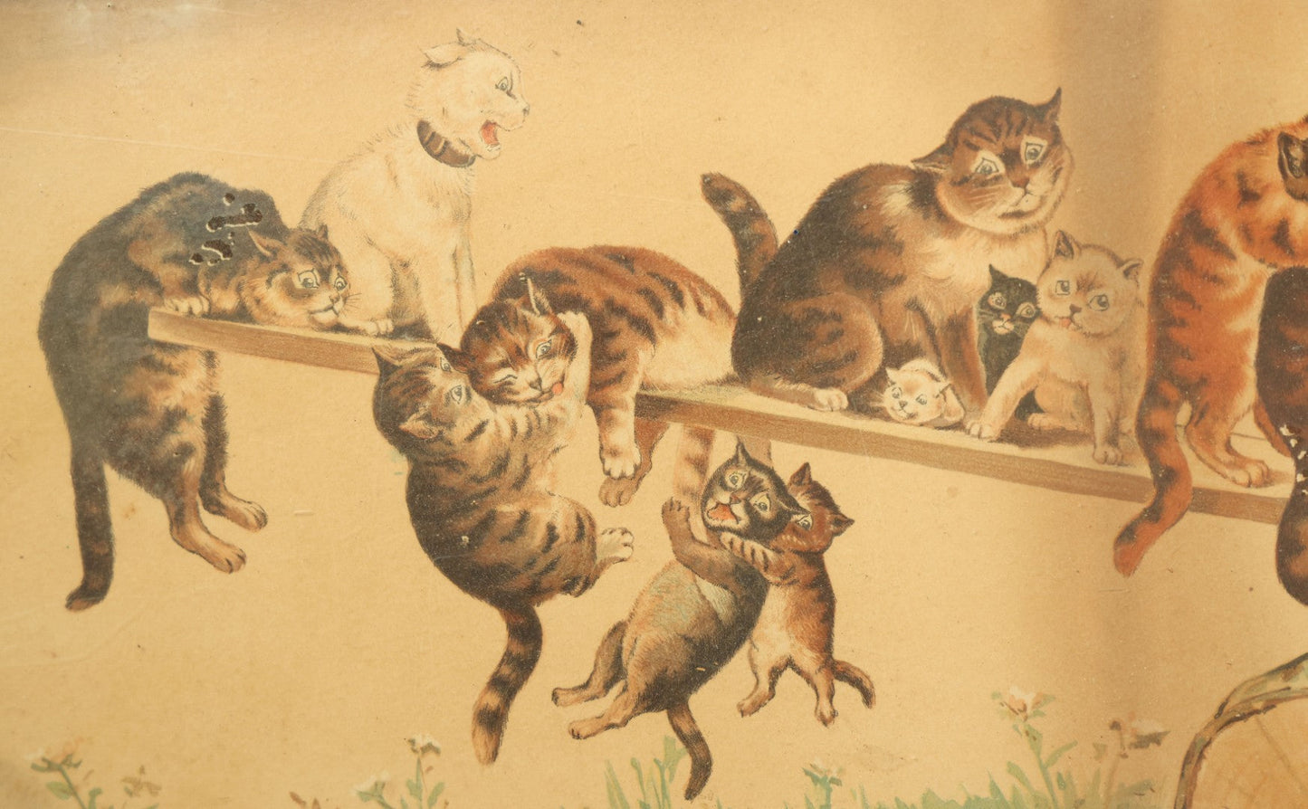 Lot 036 - Antique Yard Long Cat Kitten Art Print With 23 Cats Playing On A See-Saw, By Louis Wain, Circa 1910, In Long Frame With Applied Glitter, Approximately 36-1/2" x 13-1/2"