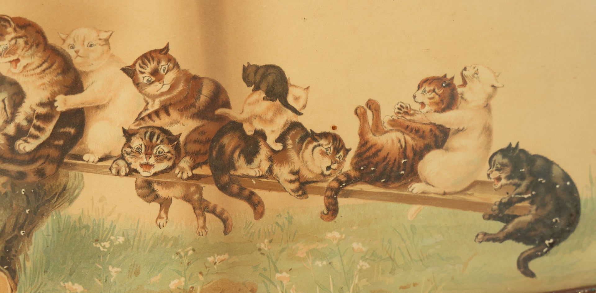 Lot 036 - Antique Yard Long Cat Kitten Art Print With 23 Cats Playing On A See-Saw, By Louis Wain, Circa 1910, In Long Frame With Applied Glitter, Approximately 36-1/2" x 13-1/2"