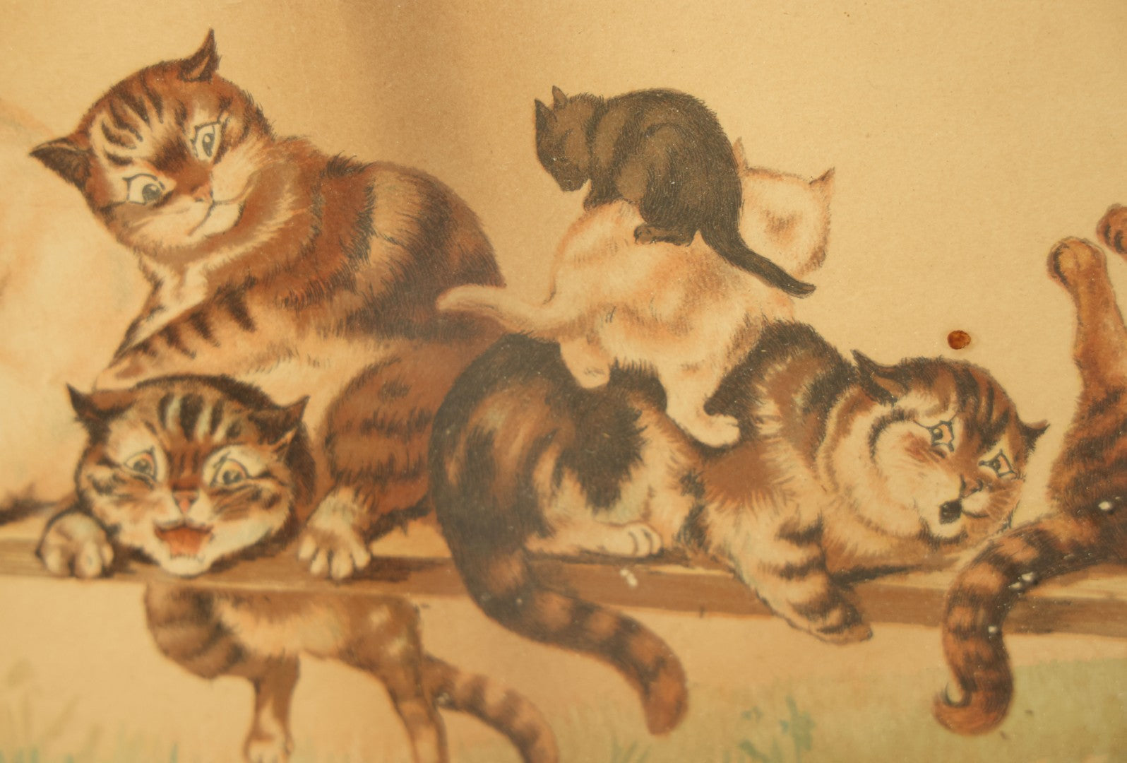 Lot 036 - Antique Yard Long Cat Kitten Art Print With 23 Cats Playing On A See-Saw, By Louis Wain, Circa 1910, In Long Frame With Applied Glitter, Approximately 36-1/2" x 13-1/2"