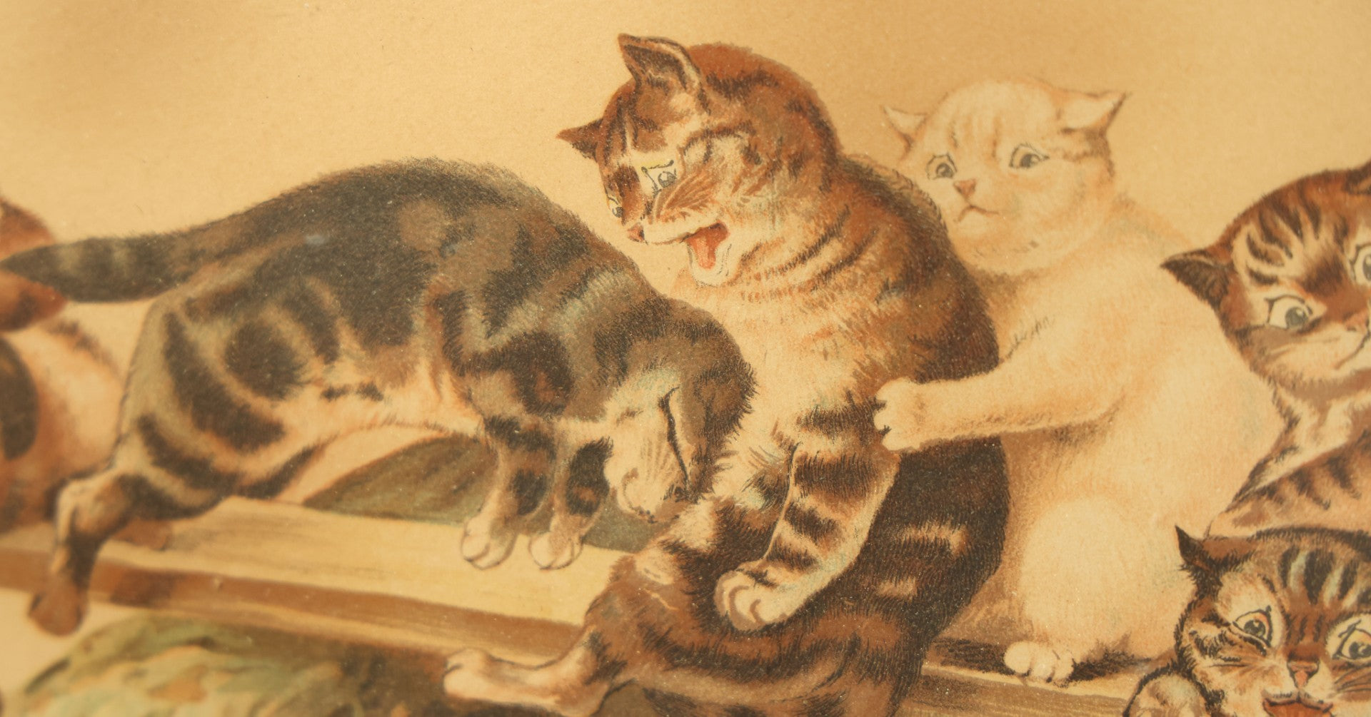 Lot 036 - Antique Yard Long Cat Kitten Art Print With 23 Cats Playing On A See-Saw, By Louis Wain, Circa 1910, In Long Frame With Applied Glitter, Approximately 36-1/2" x 13-1/2"