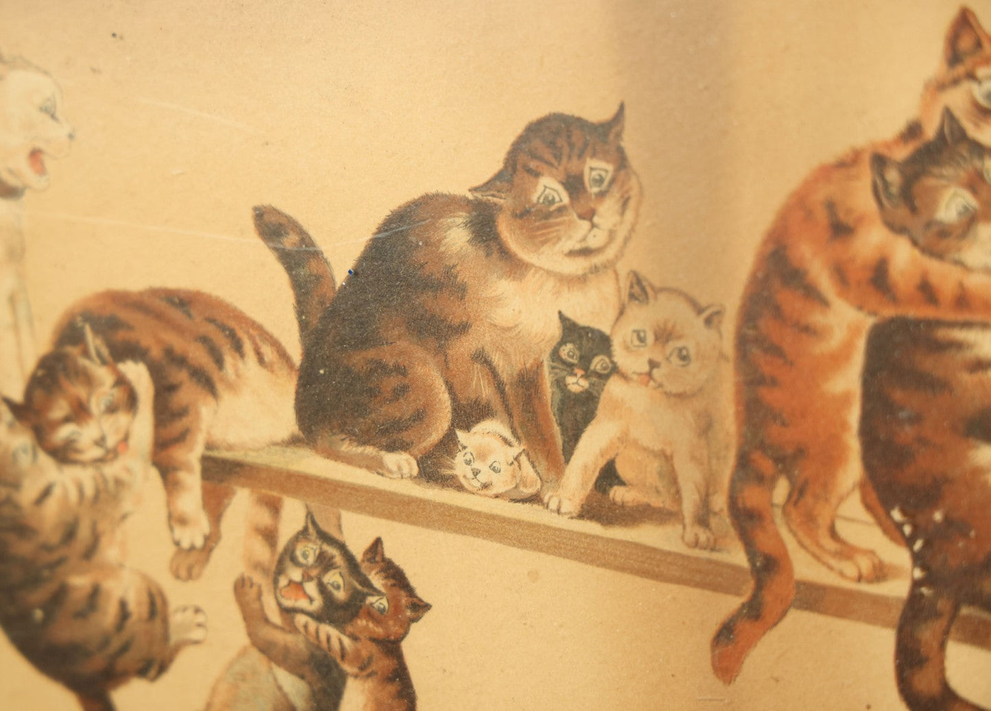 Lot 036 - Antique Yard Long Cat Kitten Art Print With 23 Cats Playing On A See-Saw, By Louis Wain, Circa 1910, In Long Frame With Applied Glitter, Approximately 36-1/2" x 13-1/2"