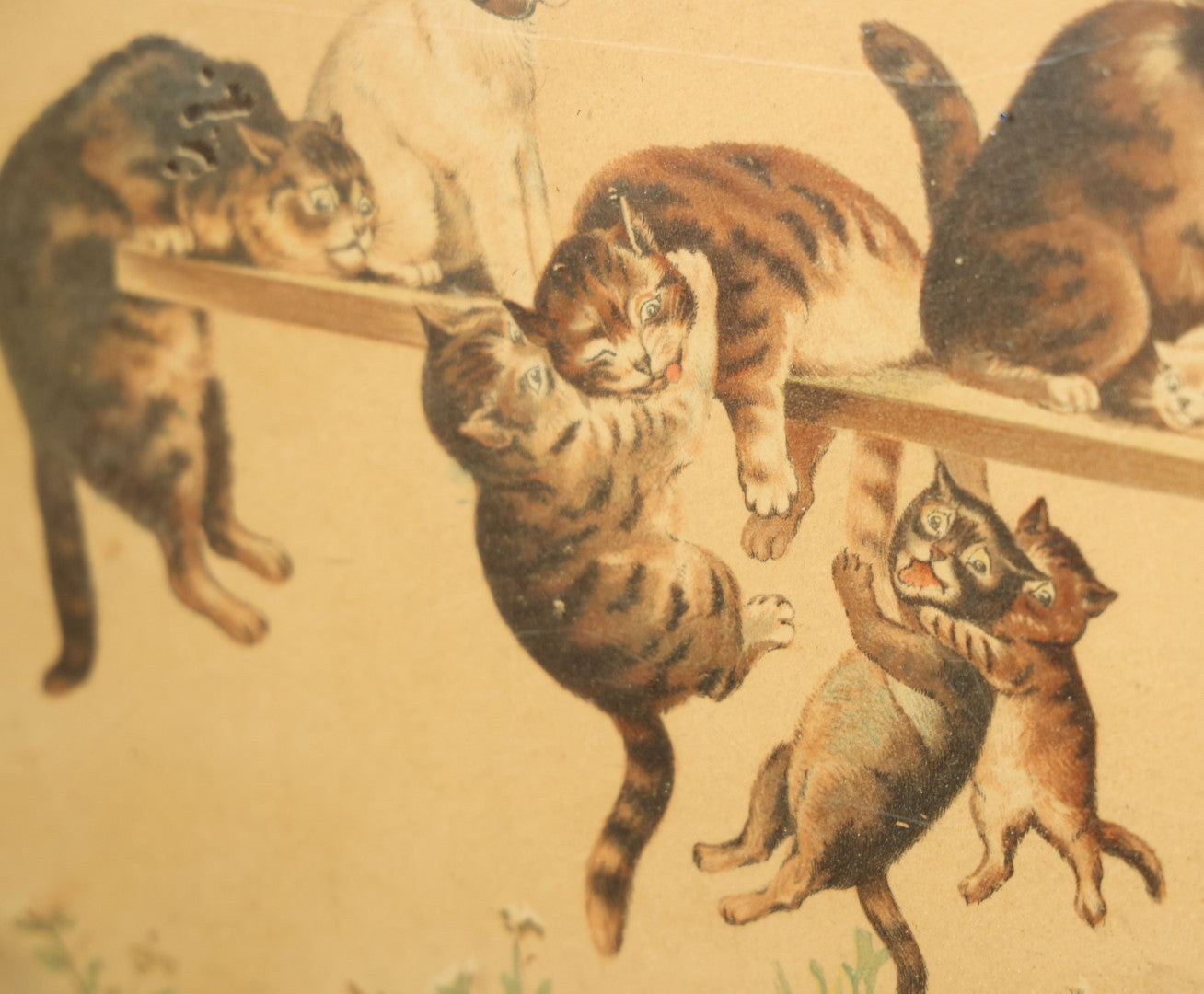 Lot 036 - Antique Yard Long Cat Kitten Art Print With 23 Cats Playing On A See-Saw, By Louis Wain, Circa 1910, In Long Frame With Applied Glitter, Approximately 36-1/2" x 13-1/2"