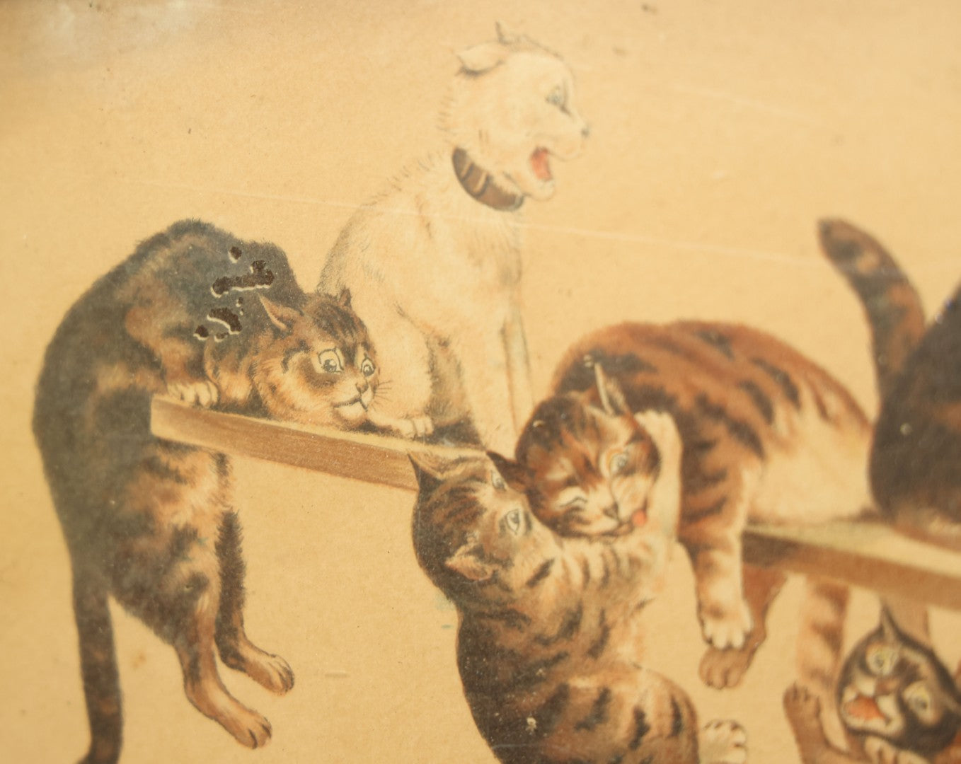 Lot 036 - Antique Yard Long Cat Kitten Art Print With 23 Cats Playing On A See-Saw, By Louis Wain, Circa 1910, In Long Frame With Applied Glitter, Approximately 36-1/2" x 13-1/2"