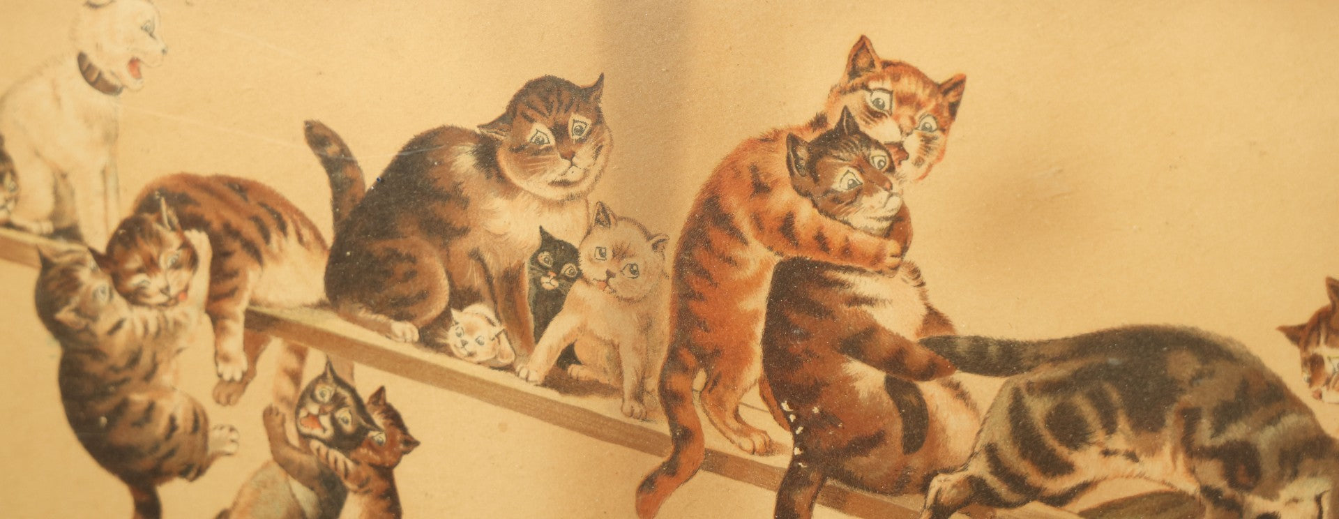 Lot 036 - Antique Yard Long Cat Kitten Art Print With 23 Cats Playing On A See-Saw, By Louis Wain, Circa 1910, In Long Frame With Applied Glitter, Approximately 36-1/2" x 13-1/2"