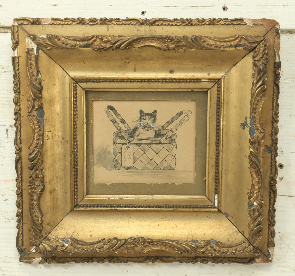 Lot 037 - Antique Kitten In Basket Original Watercolor Painting, For Margaret, Unsigned, In Gold Frame