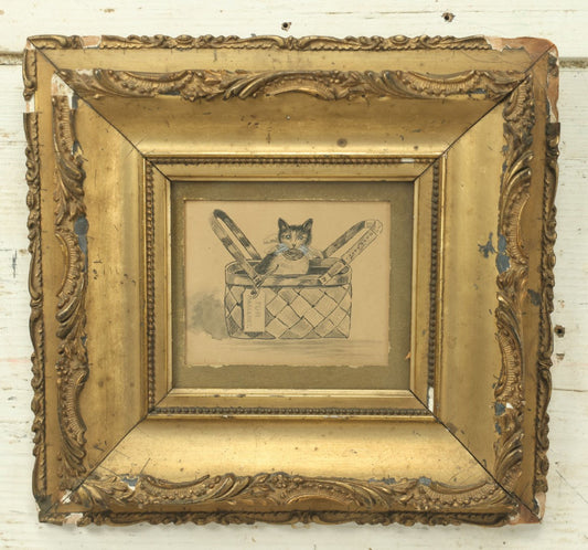 Lot 037 - Antique Kitten In Basket Original Watercolor Painting, For Margaret, Unsigned, In Gold Frame