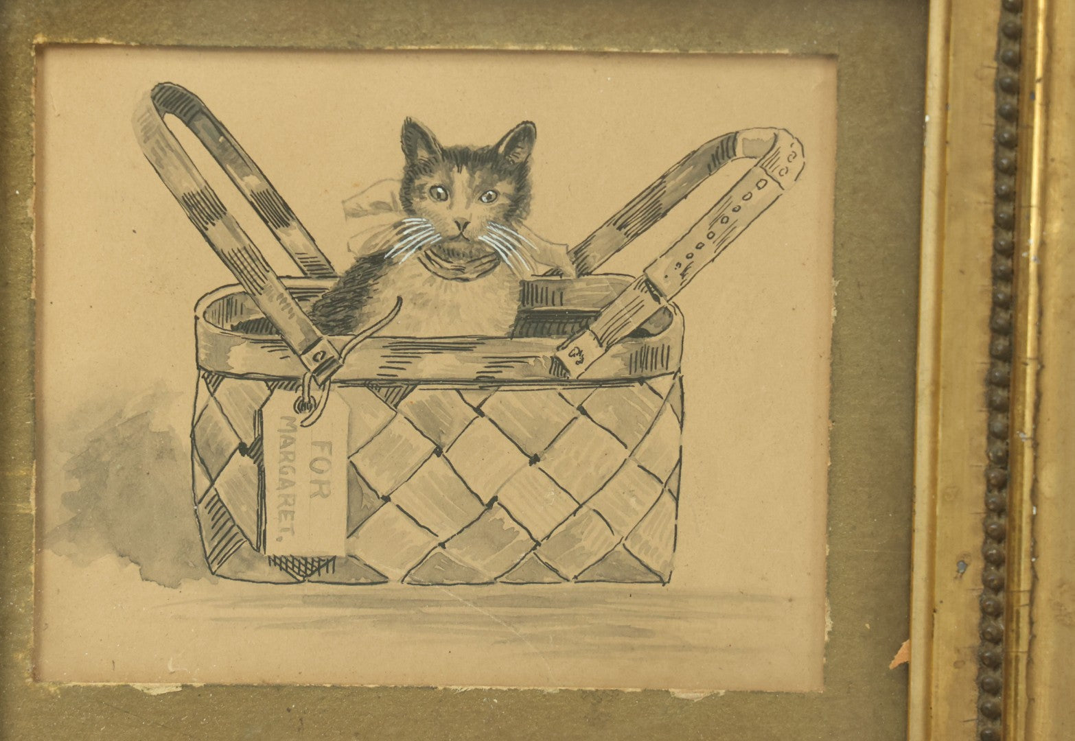 Lot 037 - Antique Kitten In Basket Original Watercolor Painting, For Margaret, Unsigned, In Gold Frame