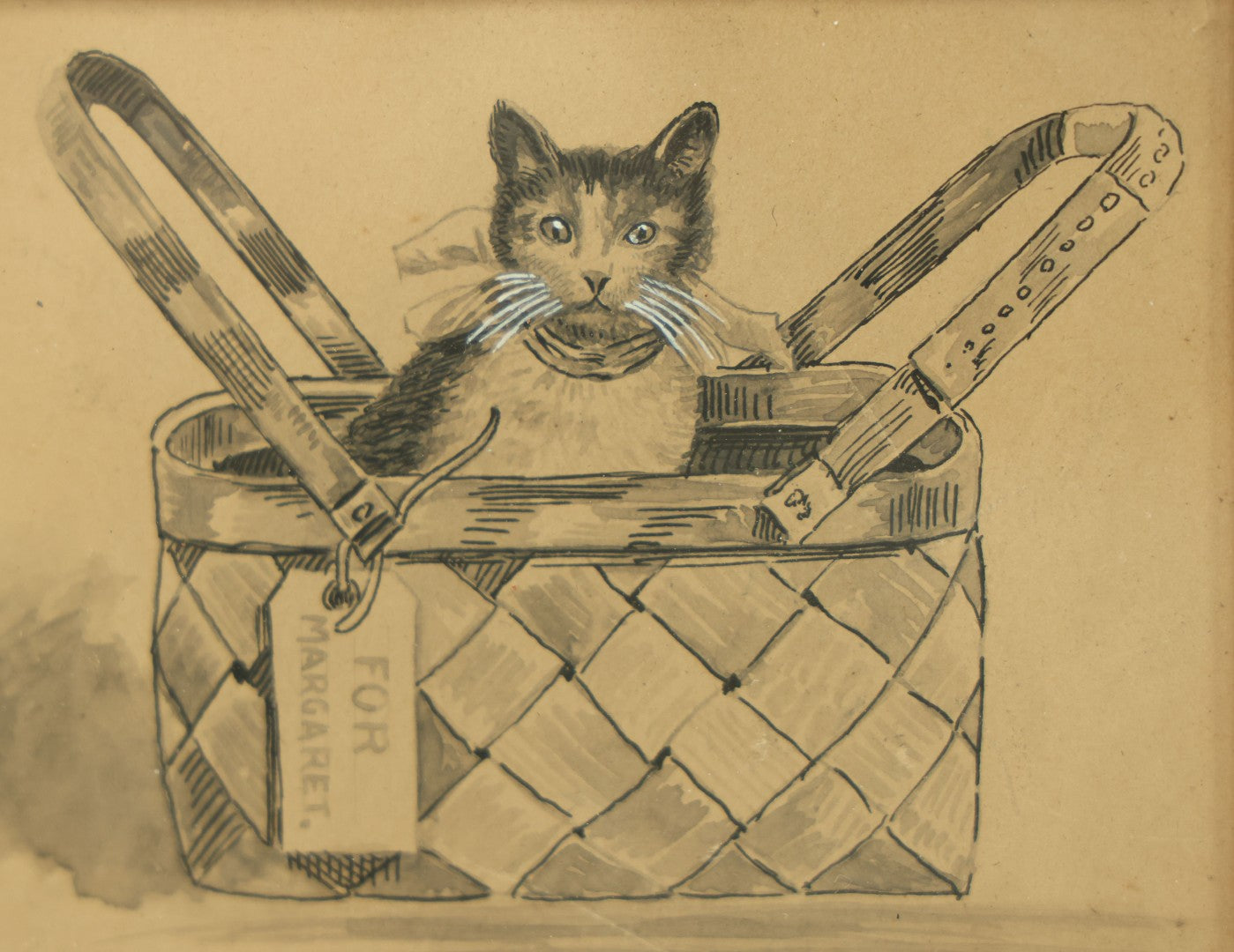 Lot 037 - Antique Kitten In Basket Original Watercolor Painting, For Margaret, Unsigned, In Gold Frame