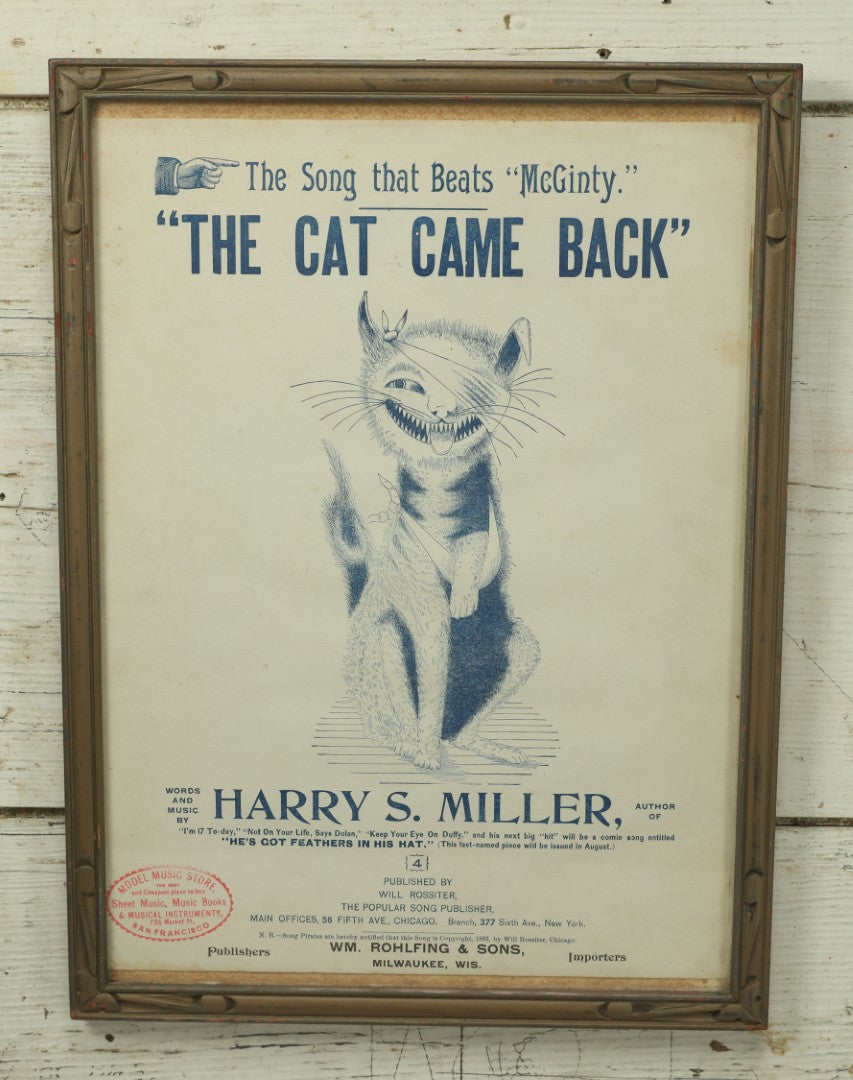 Lot 038 - Antique "The Cat Came Back" Sheet Music In Frame, Music And Words By Harry S. Miller, With Grinning Injured Cat Illustration, 11-1/2" x 15-3/4"